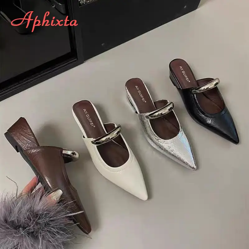 Aphixta Concise Metal Dec Fashion Summer Shoes Woman Low Heel Women Silver Pointed Toe Slides Sandals Heels zapatos de mujer