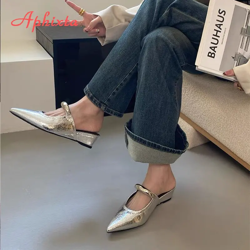 Aphixta Concise Metal Dec Fashion Summer Shoes Woman Low Heel Women Silver Pointed Toe Slides Sandals Heels zapatos de mujer