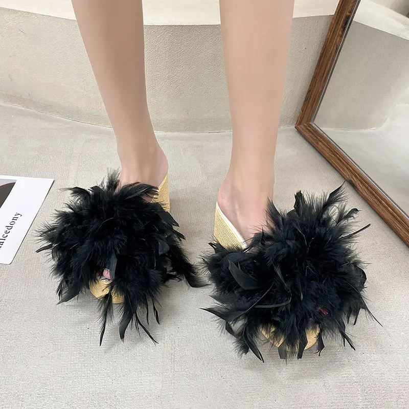 Aphixta New 7CM Wedge Heel Slides Colorful Real Fur Women Slippers Furry Summer Shoes Platform Hair Slides Big Size 43 Sandals