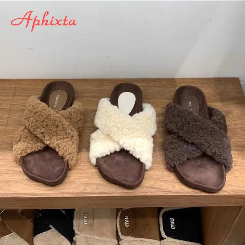 Aphixta New Warm Winter Fleeces Furry Women Slippers Cross Strap Square Toe Women Shoes Flat Heel Hair Slides Fashion Footwear