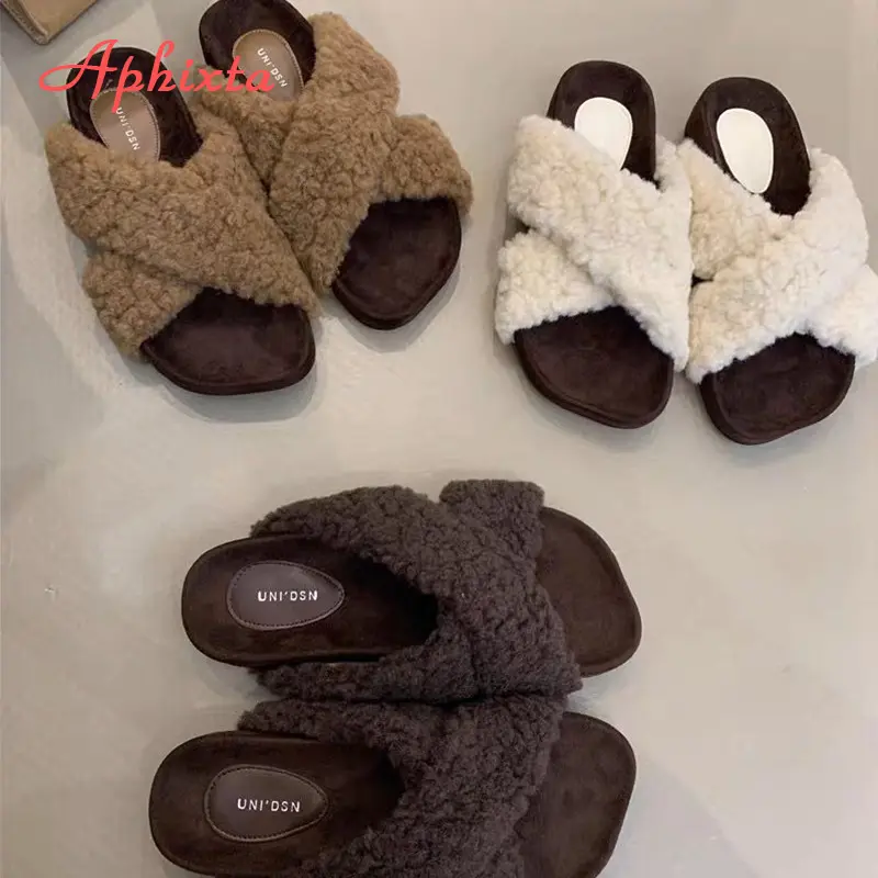 Aphixta New Warm Winter Fleeces Furry Women Slippers Cross Strap Square Toe Women Shoes Flat Heel Hair Slides Fashion Footwear