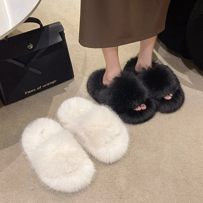 Aphixta Luxury Long Plush Furry Slipper Black Concise Women Indoor Bedroom Slippers Flat Heel Hair Slippers Round Toe Footwear