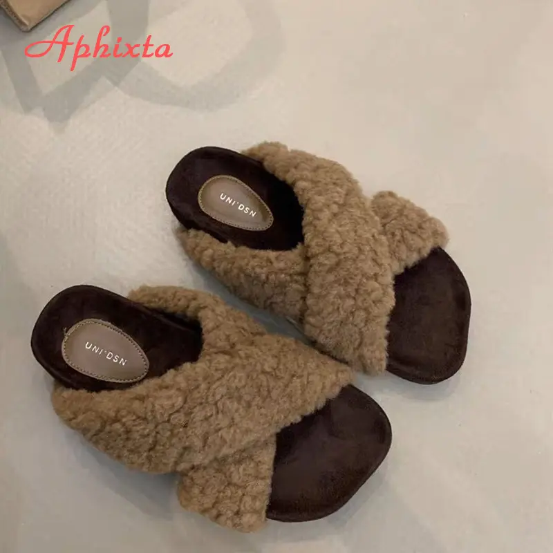 Aphixta New Warm Winter Fleeces Furry Women Slippers Cross Strap Square Toe Women Shoes Flat Heel Hair Slides Fashion Footwear