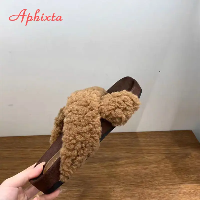 Aphixta New Warm Winter Fleeces Furry Women Slippers Cross Strap Square Toe Women Shoes Flat Heel Hair Slides Fashion Footwear