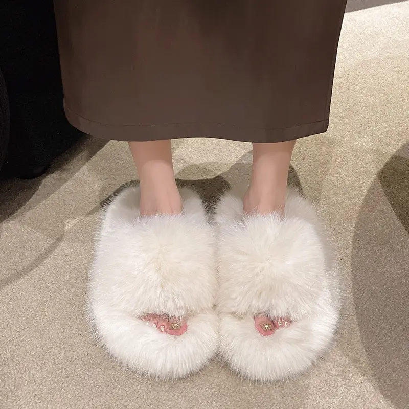 Aphixta Luxury Long Plush Furry Slipper Black Concise Women Indoor Bedroom Slippers Flat Heel Hair Slippers Round Toe Footwear