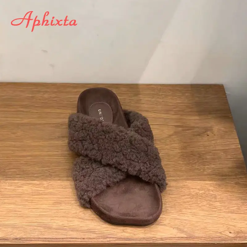 Aphixta New Warm Winter Fleeces Furry Women Slippers Cross Strap Square Toe Women Shoes Flat Heel Hair Slides Fashion Footwear