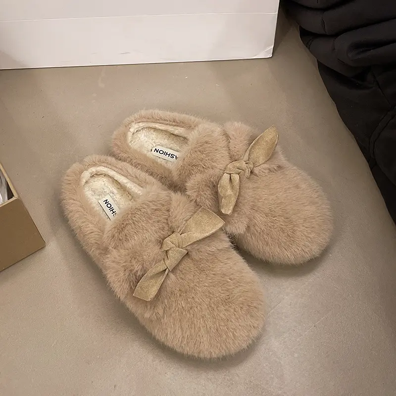 Aphixta Cute Butterfly Knot Design Solid Color Indoor Slipper Soft Warm Women Furry Mule Shoes Flat With Anti-skip Women Shoes