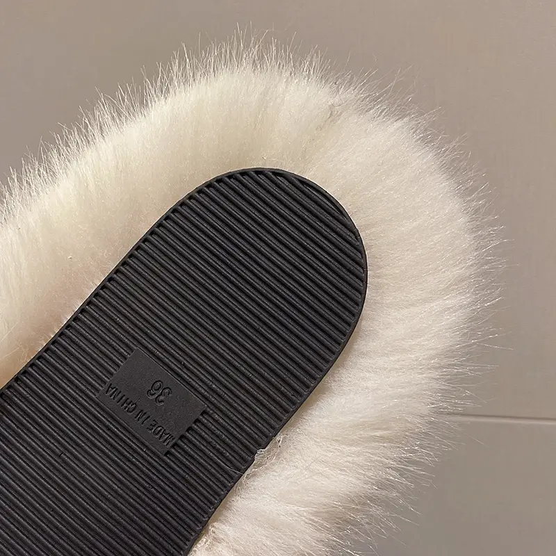 Aphixta Luxury Long Plush Furry Slipper Black Concise Women Indoor Bedroom Slippers Flat Heel Hair Slippers Round Toe Footwear
