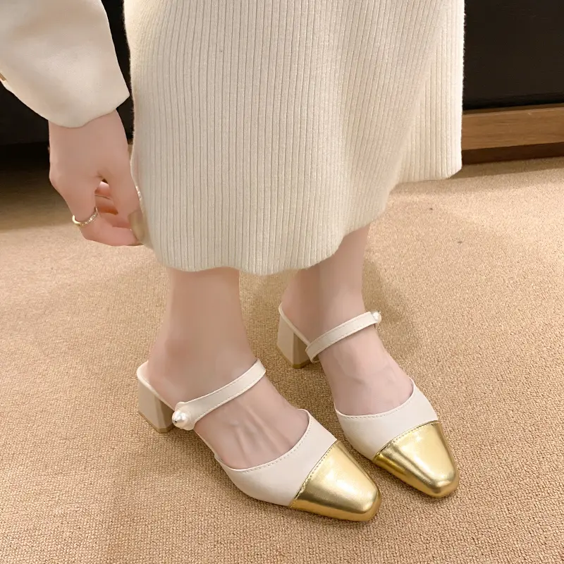 Aphixta 5cm Square Heels Pearl Dec Women Slides Pointed Toe Flip Flops Patchwork Summer Slides Fashion White Baby Silver Shoes