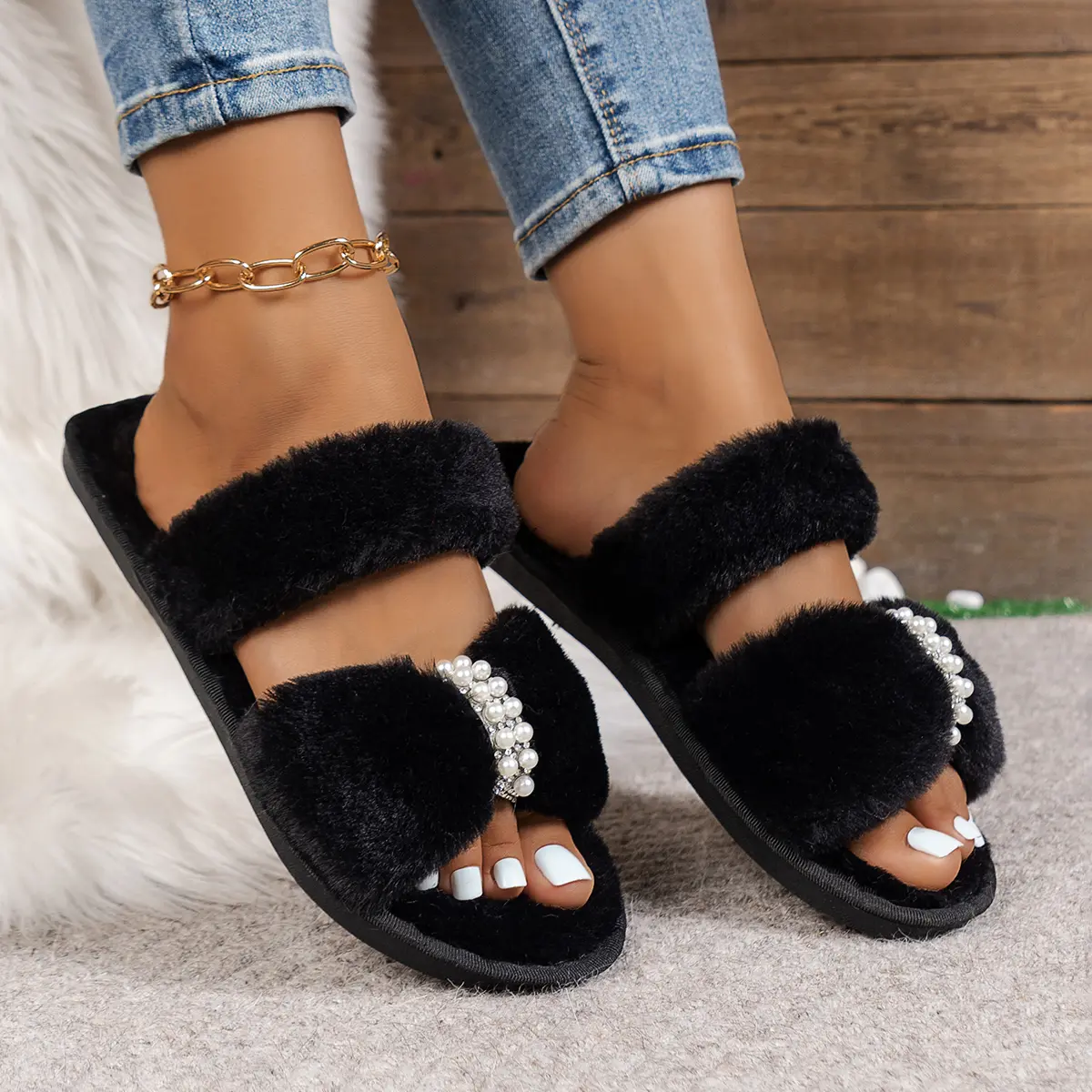Aphixta New Warm Winter Double Size Pearl Crystals Women Slippers Furry Open Toe Shoes Indoor Flat Heel Hair Slides Big Size 43