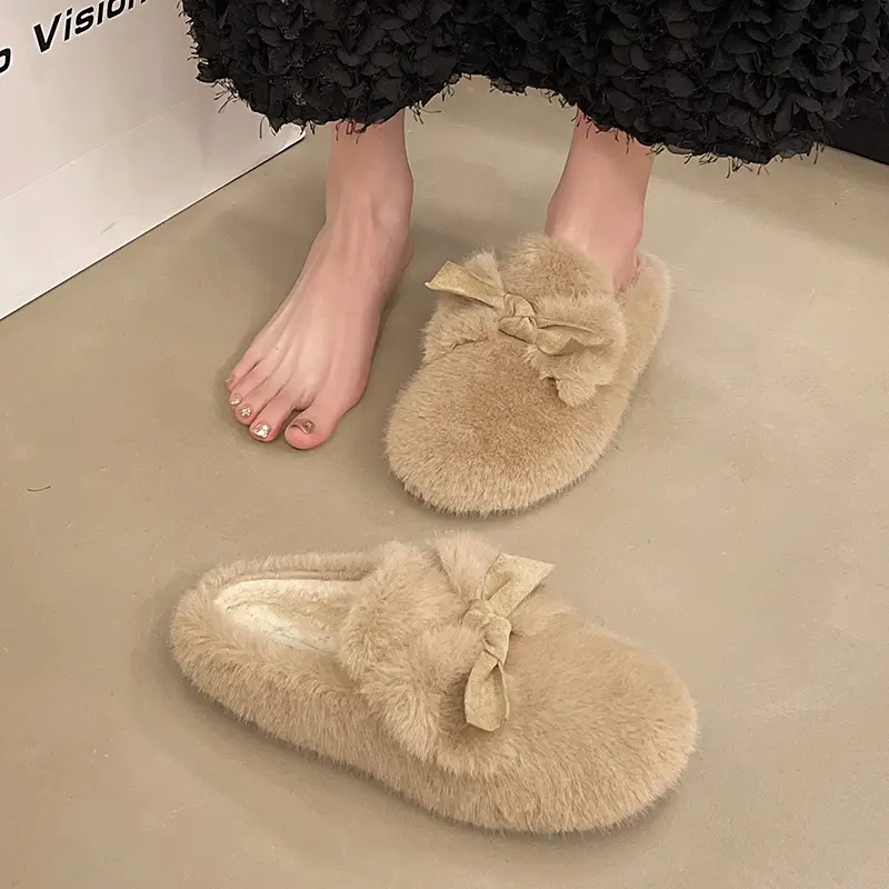 Aphixta Cute Butterfly Knot Design Solid Color Indoor Slipper Soft Warm Women Furry Mule Shoes Flat With Anti-skip Women Shoes