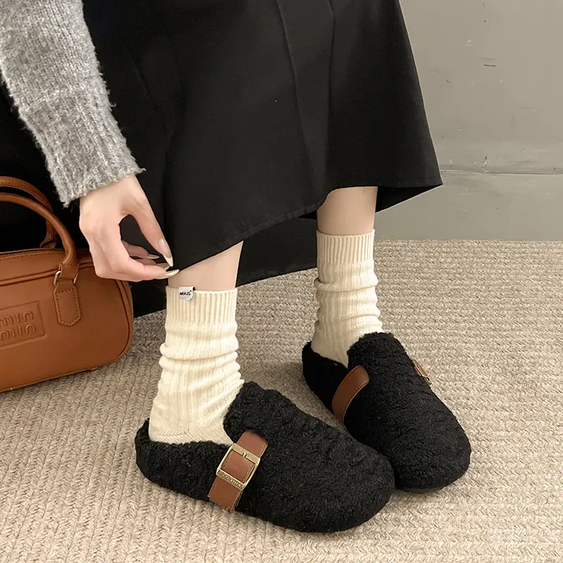 Aphixta Rose Red Cotton Warm Winter Slippers Fashion Buckle Belt Platform Slippers for Women 2024 Winter Plush Warm Cotton Shoe
