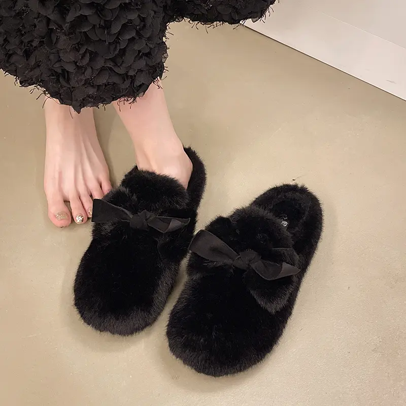 Aphixta Cute Butterfly Knot Design Solid Color Indoor Slipper Soft Warm Women Furry Mule Shoes Flat With Anti-skip Women Shoes