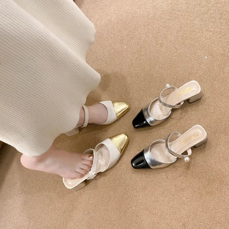 Aphixta 5cm Square Heels Pearl Dec Women Slides Pointed Toe Flip Flops Patchwork Summer Slides Fashion White Baby Silver Shoes