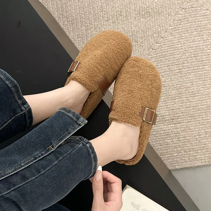 Aphixta Rose Red Cotton Warm Winter Slippers Fashion Buckle Belt Platform Slippers for Women 2024 Winter Plush Warm Cotton Shoe