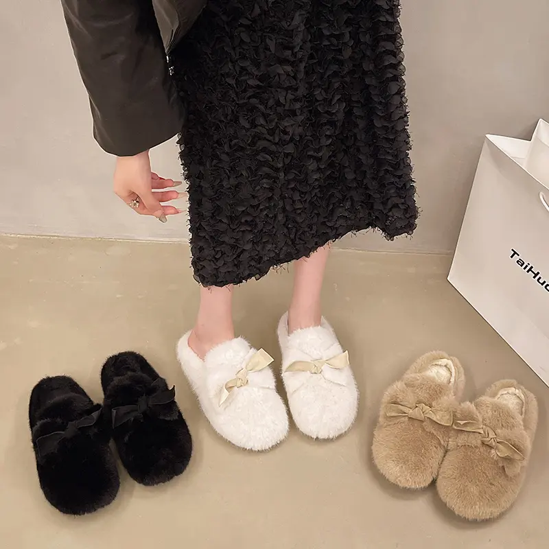 Aphixta Cute Butterfly Knot Design Solid Color Indoor Slipper Soft Warm Women Furry Mule Shoes Flat With Anti-skip Women Shoes
