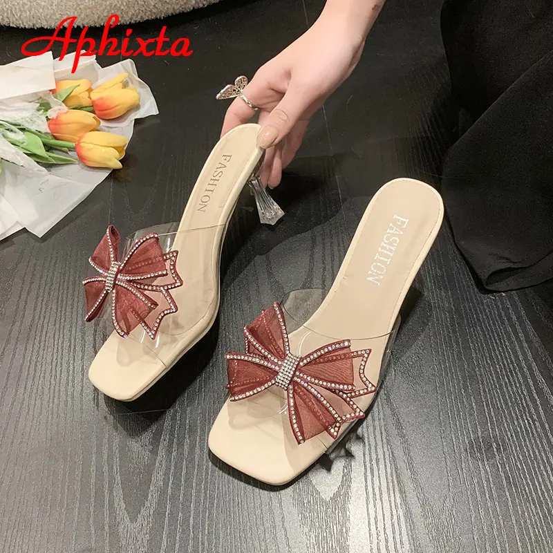 Aphixta 2023 Summer 7cm Transparent Thin Heel Flip Flops Women Luxury Crystals Bow-tie Design Open Toe Slides Sandals Cool Shoes