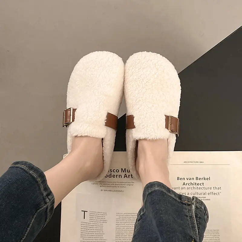 Aphixta Rose Red Cotton Warm Winter Slippers Fashion Buckle Belt Platform Slippers for Women 2024 Winter Plush Warm Cotton Shoe