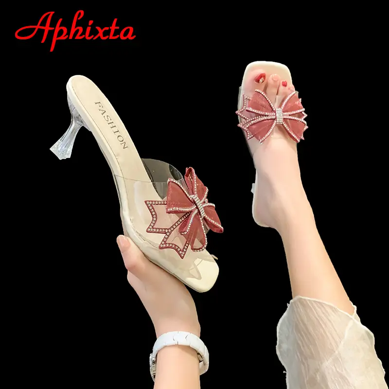 Aphixta 2023 Summer 7cm Transparent Thin Heel Flip Flops Women Luxury Crystals Bow-tie Design Open Toe Slides Sandals Cool Shoes