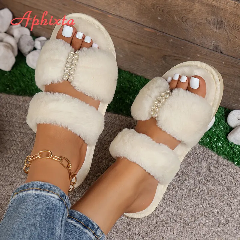 Aphixta New Warm Winter Double Size Pearl Crystals Women Slippers Furry Open Toe Shoes Indoor Flat Heel Hair Slides Big Size 43