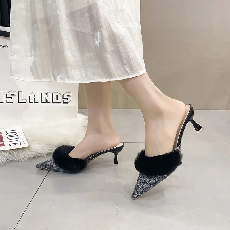Aphixta Furry Thin Heel Women Slipper Pointed Toe Sexy Lady Party Shoes 9cm 6cm High Heel Lady Pumps Slides Modern Slippers