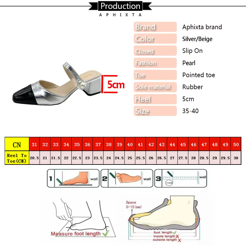 Aphixta 5cm Square Heels Pearl Dec Women Slides Pointed Toe Flip Flops Patchwork Summer Slides Fashion White Baby Silver Shoes