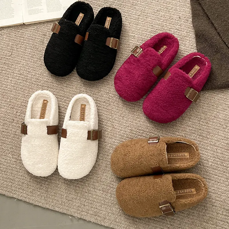 Aphixta Rose Red Cotton Warm Winter Slippers Fashion Buckle Belt Platform Slippers for Women 2024 Winter Plush Warm Cotton Shoe
