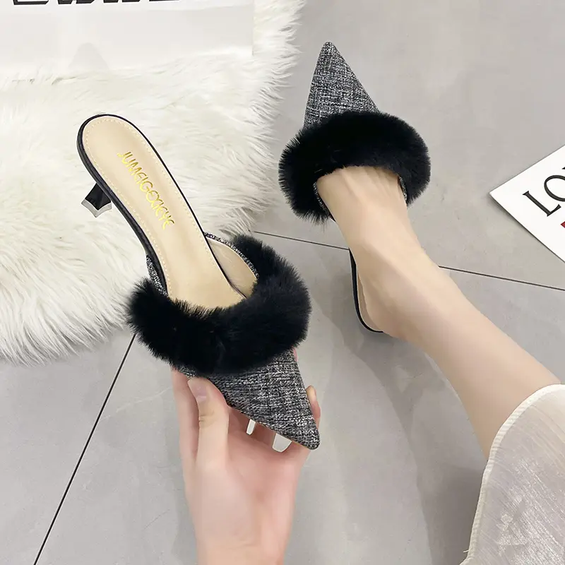 Aphixta Furry Thin Heel Women Slipper Pointed Toe Sexy Lady Party Shoes 9cm 6cm High Heel Lady Pumps Slides Modern Slippers