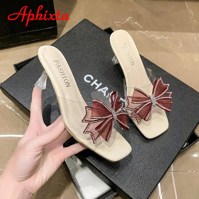 Aphixta 2023 Summer 7cm Transparent Thin Heel Flip Flops Women Luxury Crystals Bow-tie Design Open Toe Slides Sandals Cool Shoes