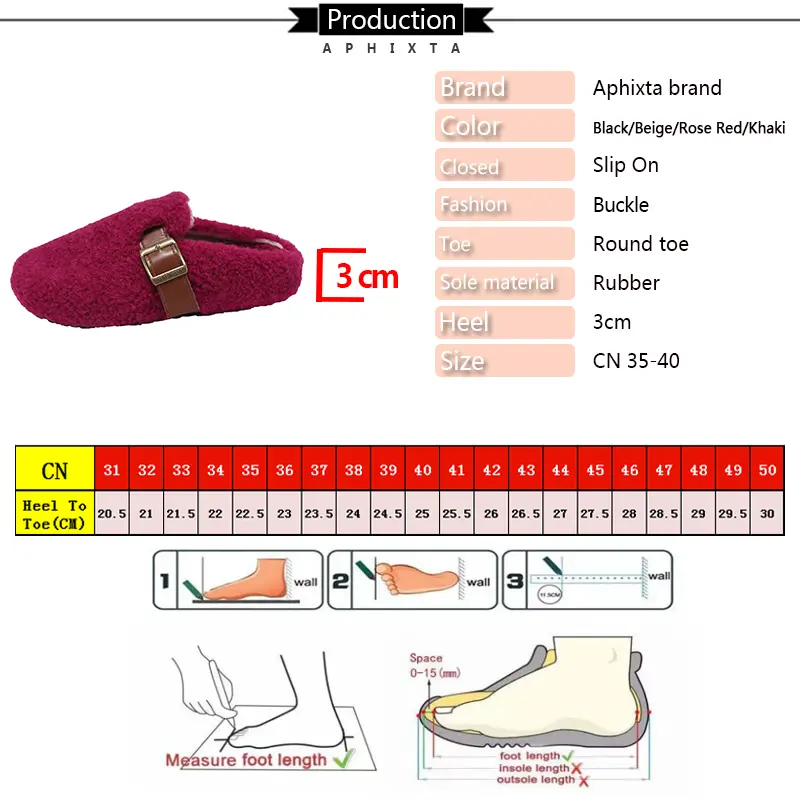 Aphixta Rose Red Cotton Warm Winter Slippers Fashion Buckle Belt Platform Slippers for Women 2024 Winter Plush Warm Cotton Shoe