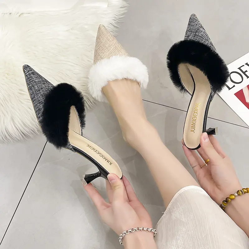 Aphixta Furry Thin Heel Women Slipper Pointed Toe Sexy Lady Party Shoes 9cm 6cm High Heel Lady Pumps Slides Modern Slippers