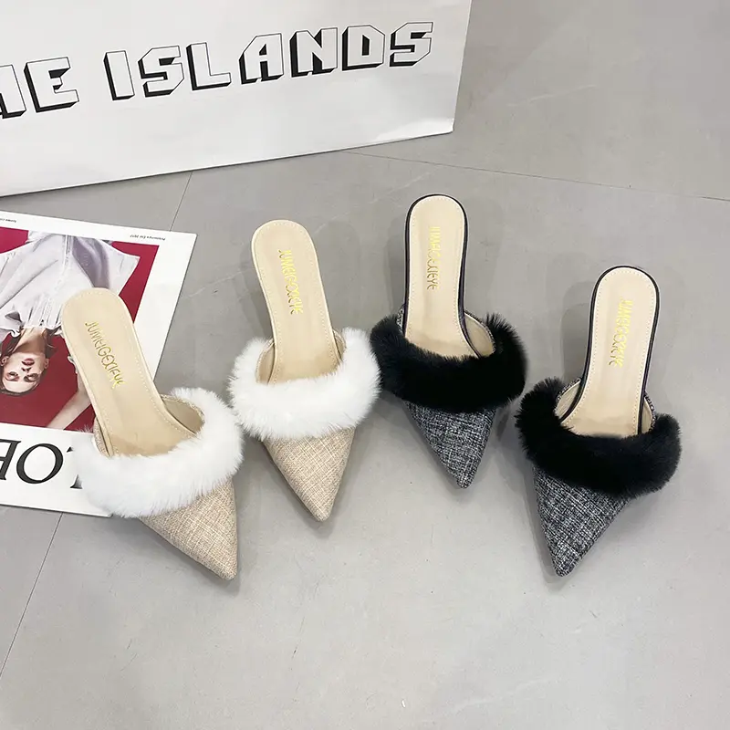 Aphixta Furry Thin Heel Women Slipper Pointed Toe Sexy Lady Party Shoes 9cm 6cm High Heel Lady Pumps Slides Modern Slippers