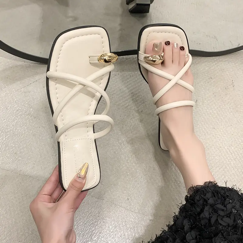 Aphixta Metal Buckle Dec Women Flip Flop Summer Beach Slippers Narrow Band Slide Sandals Candy Color Sweet Slippers Flat Sandals