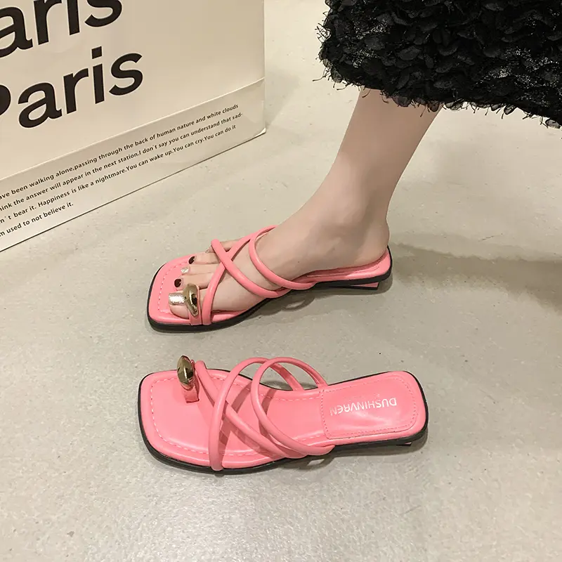 Aphixta Metal Buckle Dec Women Flip Flop Summer Beach Slippers Narrow Band Slide Sandals Candy Color Sweet Slippers Flat Sandals