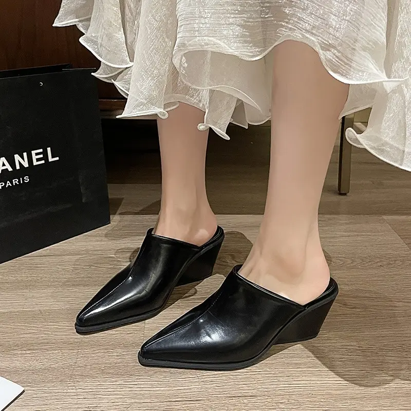 Aphixta 6.5cm Wedg Heels Concise Women Slides Pointe Toe Summer Dress Slides Solid Color High Heels Black Shoes Size 42