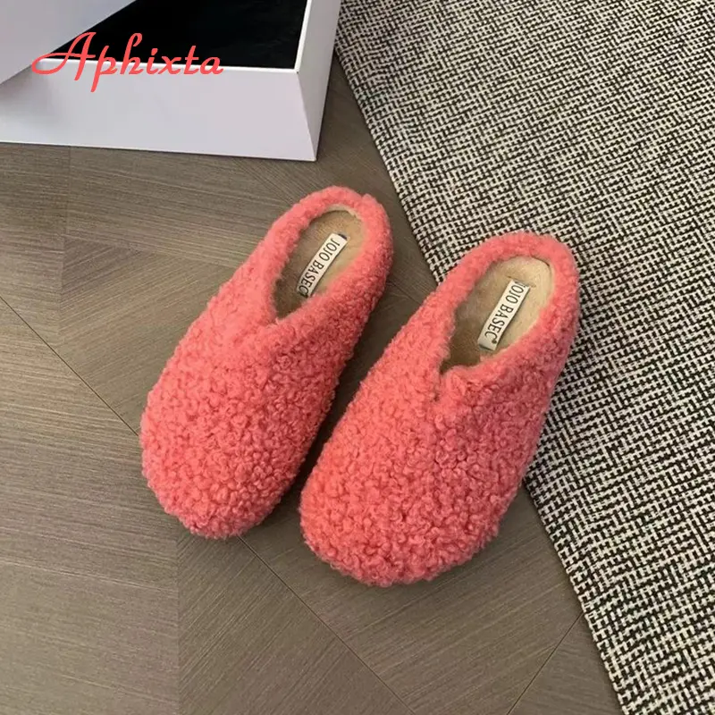 Aphixta New Warm Winter Slippers Candy Color Sweet Women Slippers Furry Round Toe Shoes Indoor Flat Heel Hair Slides