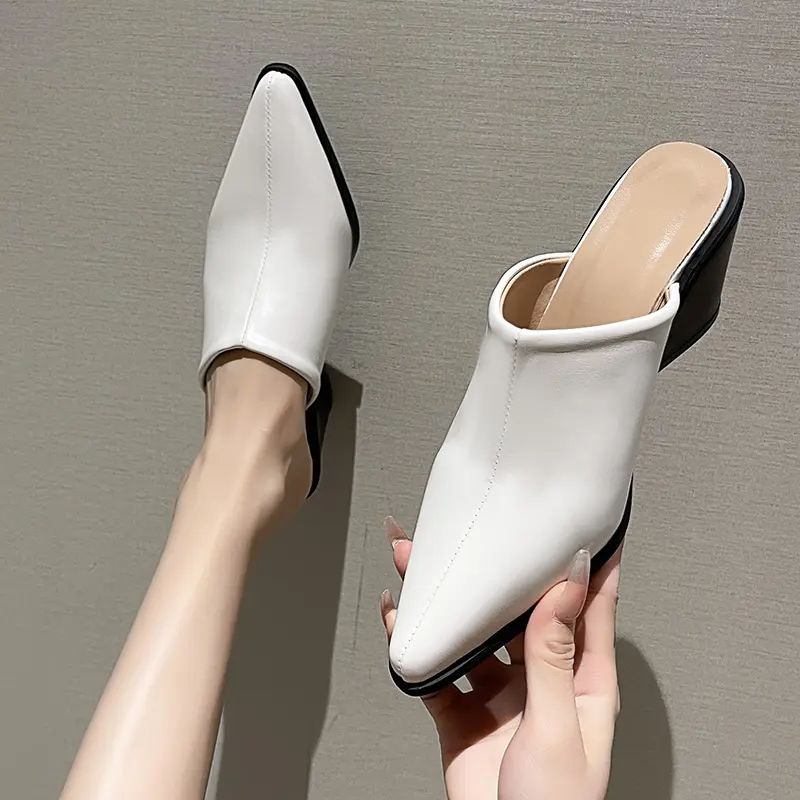 Aphixta 6.5cm Wedg Heels Concise Women Slides Pointe Toe Summer Dress Slides Solid Color High Heels Black Shoes Size 42