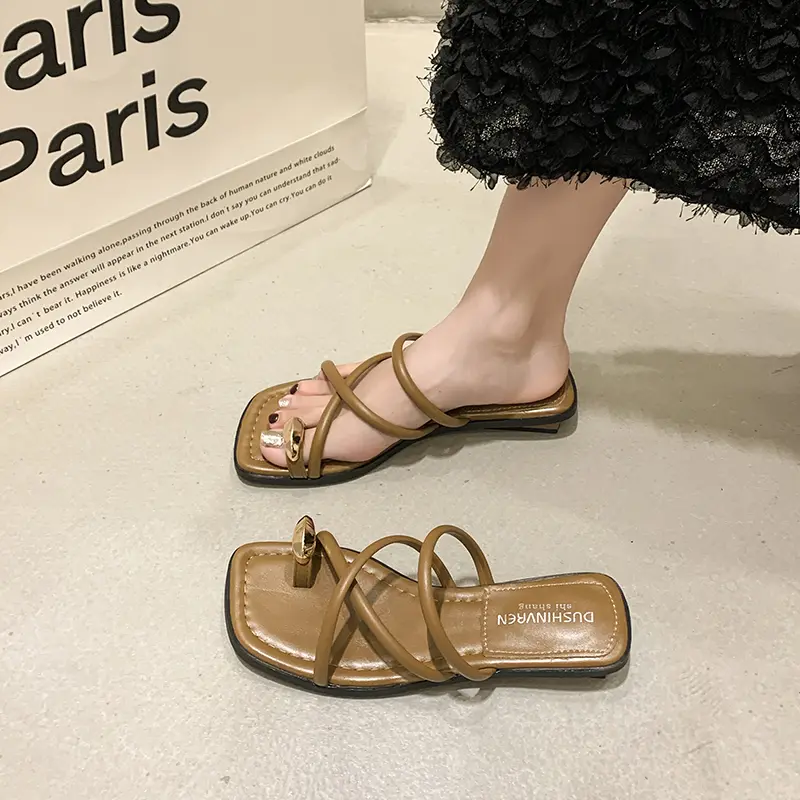 Aphixta Metal Buckle Dec Women Flip Flop Summer Beach Slippers Narrow Band Slide Sandals Candy Color Sweet Slippers Flat Sandals