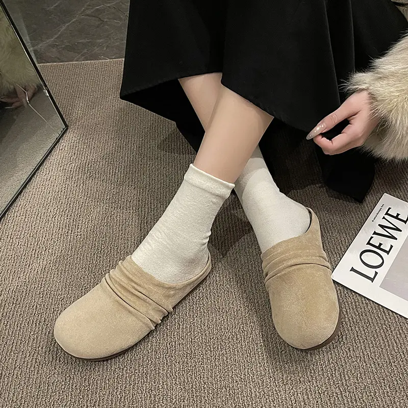 Aphixta Pleated Candy Color Flat Outside Woman Slippers Round Toe Low Heel Suede Slip On Half Slide Spring Summer Woman Shoes
