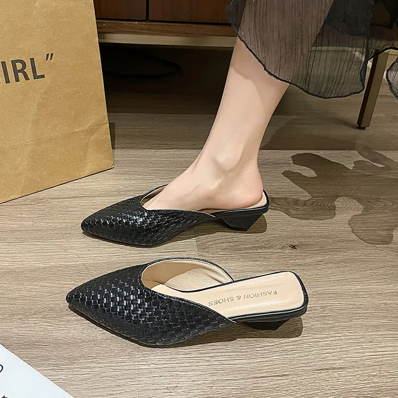 Aphixta Braided Fabric Med Heels Elegant Women Slides Gold Pointed Toe Shallow Summer Dress Slides Webbing Shoes