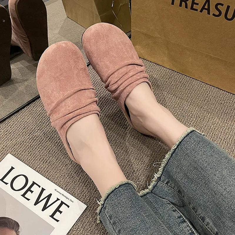 Aphixta Pleated Candy Color Flat Outside Woman Slippers Round Toe Low Heel Suede Slip On Half Slide Spring Summer Woman Shoes
