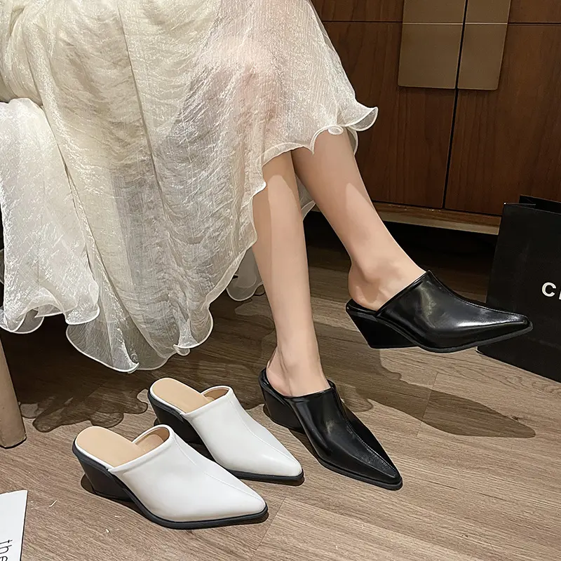 Aphixta 6.5cm Wedg Heels Concise Women Slides Pointe Toe Summer Dress Slides Solid Color High Heels Black Shoes Size 42