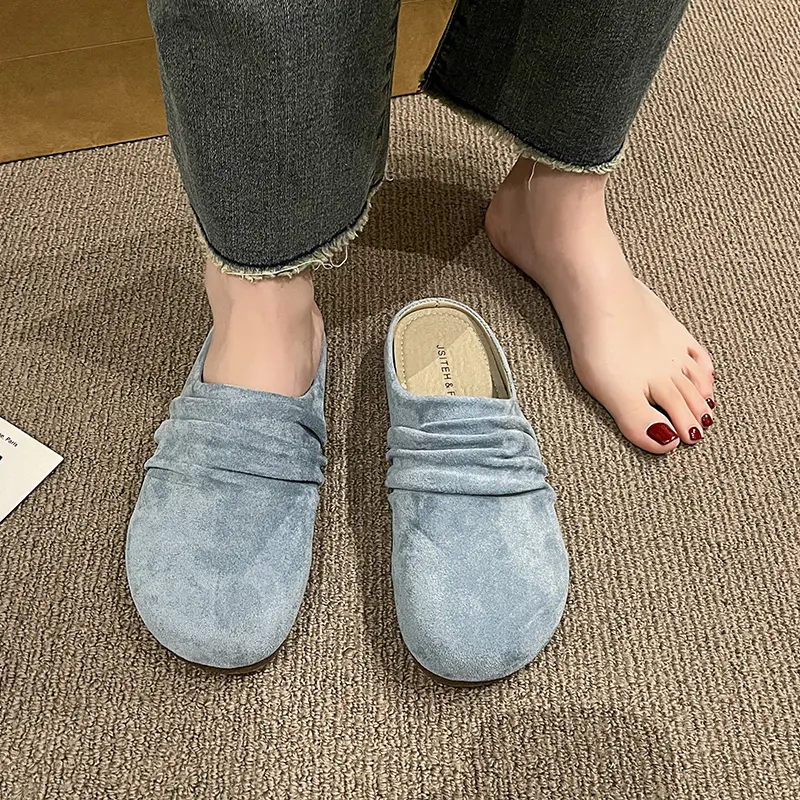Aphixta Pleated Candy Color Flat Outside Woman Slippers Round Toe Low Heel Suede Slip On Half Slide Spring Summer Woman Shoes