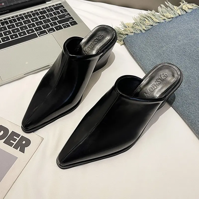 Aphixta 6.5cm Wedg Heels Concise Women Slides Pointe Toe Summer Dress Slides Solid Color High Heels Black Shoes Size 42
