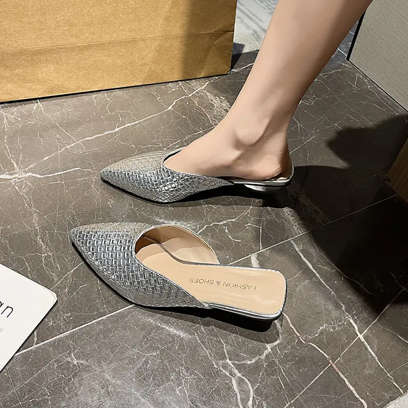 Aphixta Braided Fabric Med Heels Elegant Women Slides Gold Pointed Toe Shallow Summer Dress Slides Webbing Shoes