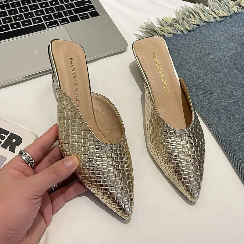 Aphixta Braided Fabric Med Heels Elegant Women Slides Gold Pointed Toe Shallow Summer Dress Slides Webbing Shoes