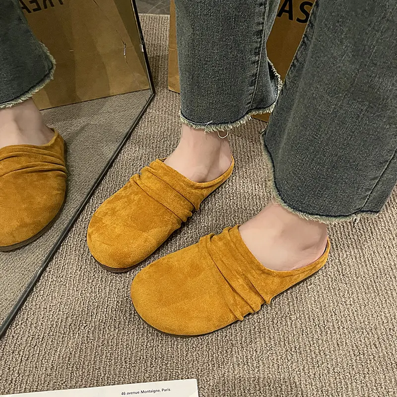 Aphixta Pleated Candy Color Flat Outside Woman Slippers Round Toe Low Heel Suede Slip On Half Slide Spring Summer Woman Shoes