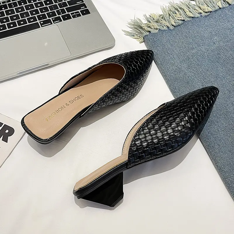 Aphixta Braided Fabric Med Heels Elegant Women Slides Gold Pointed Toe Shallow Summer Dress Slides Webbing Shoes