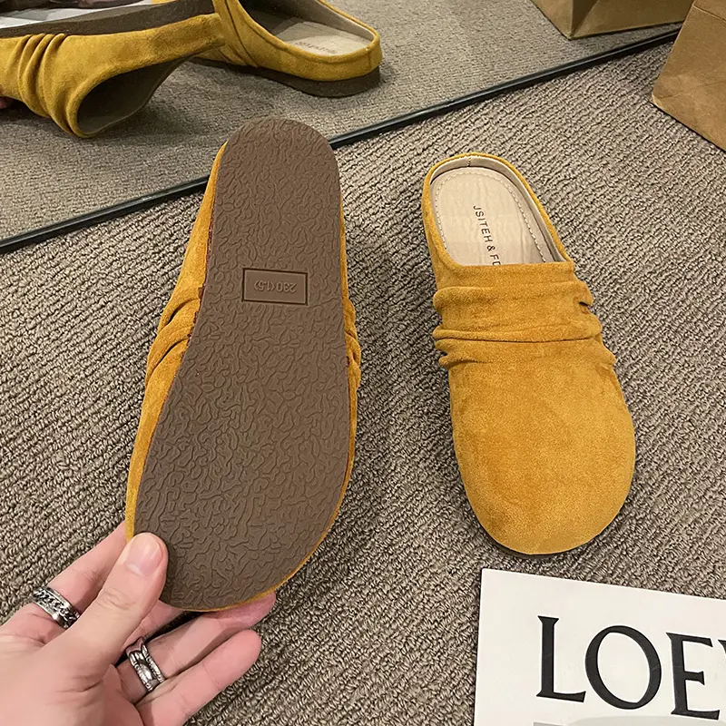 Aphixta Pleated Candy Color Flat Outside Woman Slippers Round Toe Low Heel Suede Slip On Half Slide Spring Summer Woman Shoes