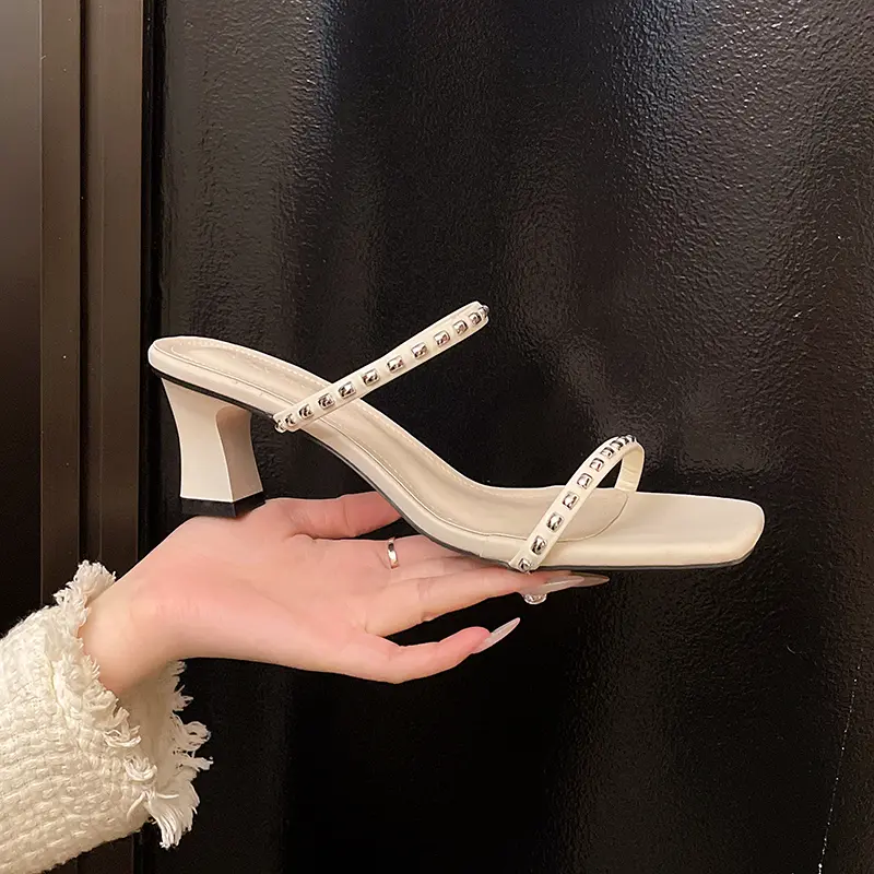 Aphixta Narrow Bands Concise Summer Beach Shoes 6cm High Heels Slippers Metal Decoration Women Slides Shoe